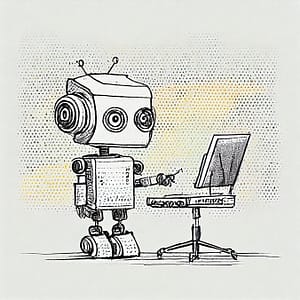 Robot giving a presentation. AI can help when you're selling to IT with video — but not so much with creative work.